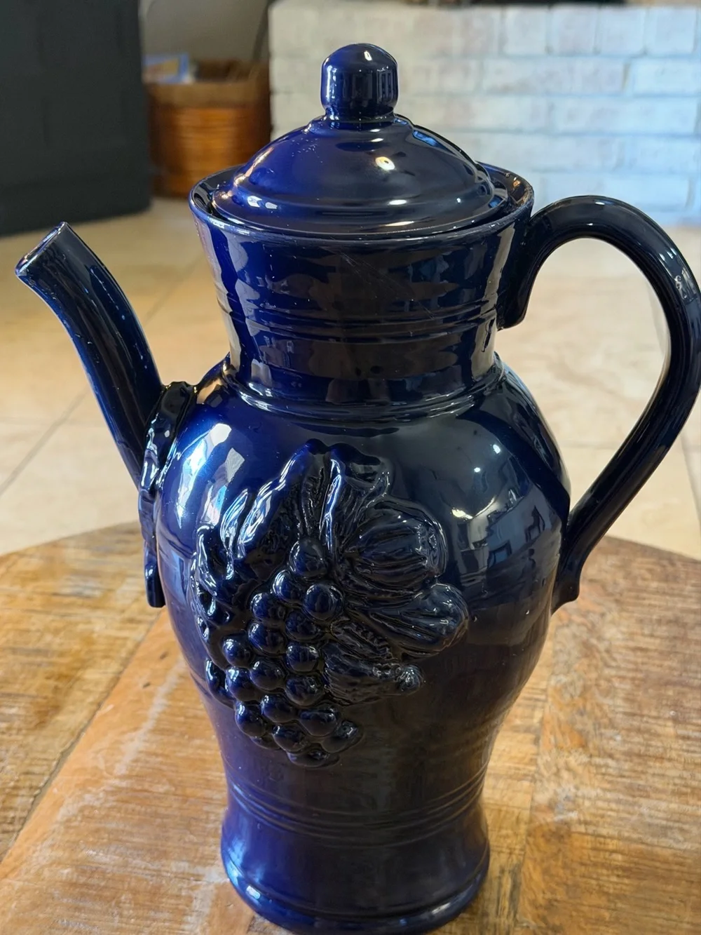Italian Cobalt Blue Ceramic Teapot Kettle, Raised Grape Fruit Floral Pottery